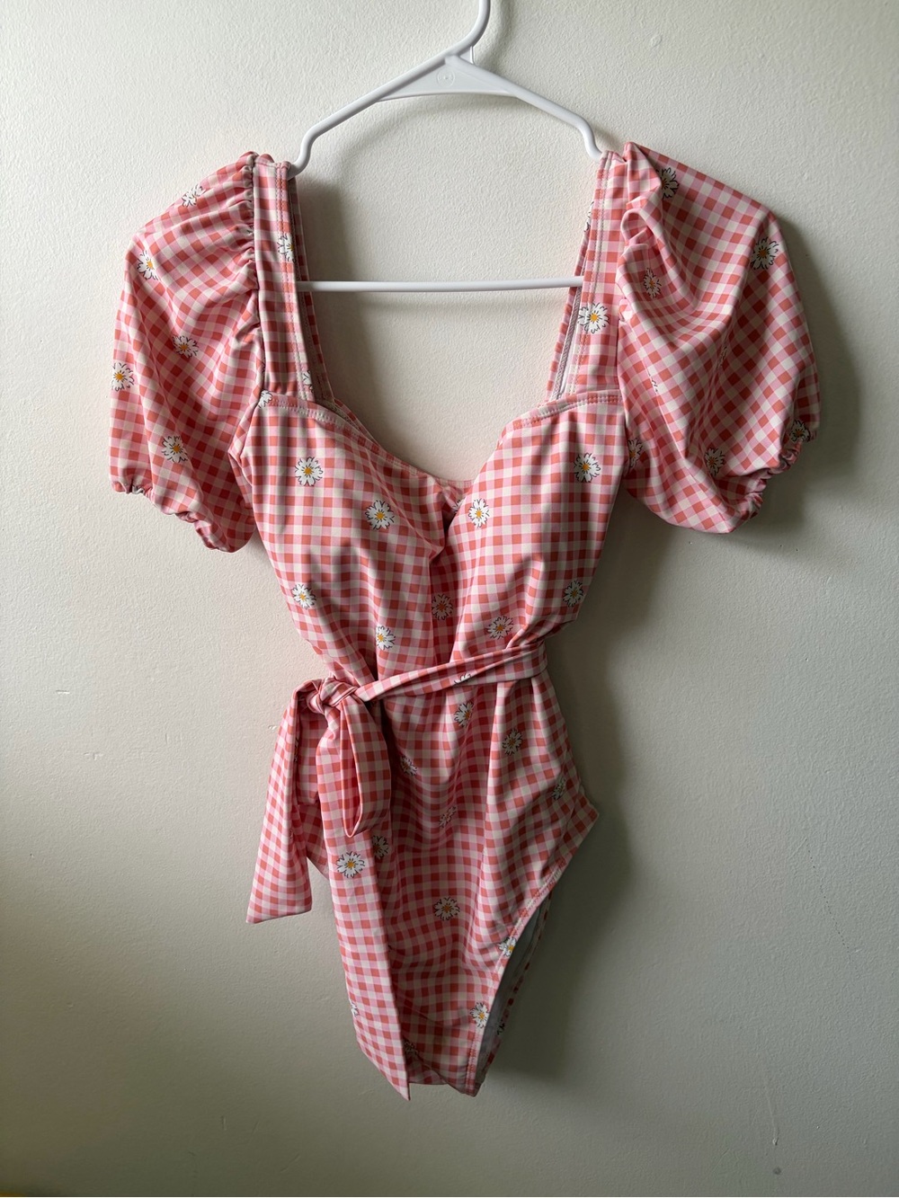 Pink Gingham Daisy Puff-Sleeve One-Piece Swimsuit - Picture 3 of 4